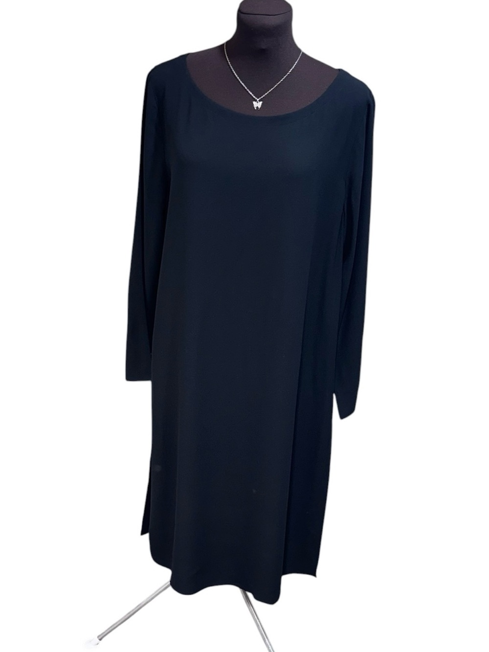 Eileen Fisher Womens M Black 100% Silk Tunic Dress High Side Slits Long Sleeve - Picture 5 of 13